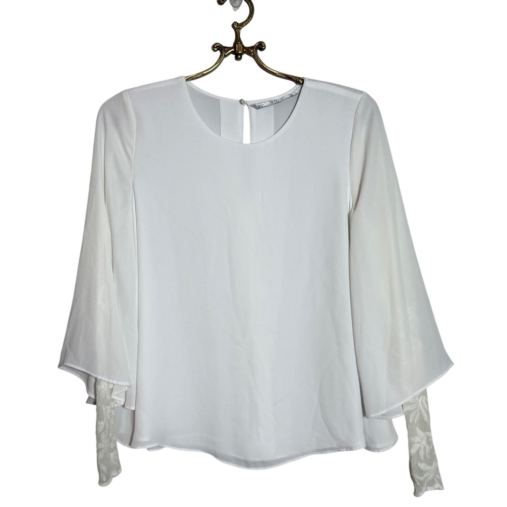 Zara Trafaluc White Bell Sleeve Lace Trim‎ Blouse Top Women Size S